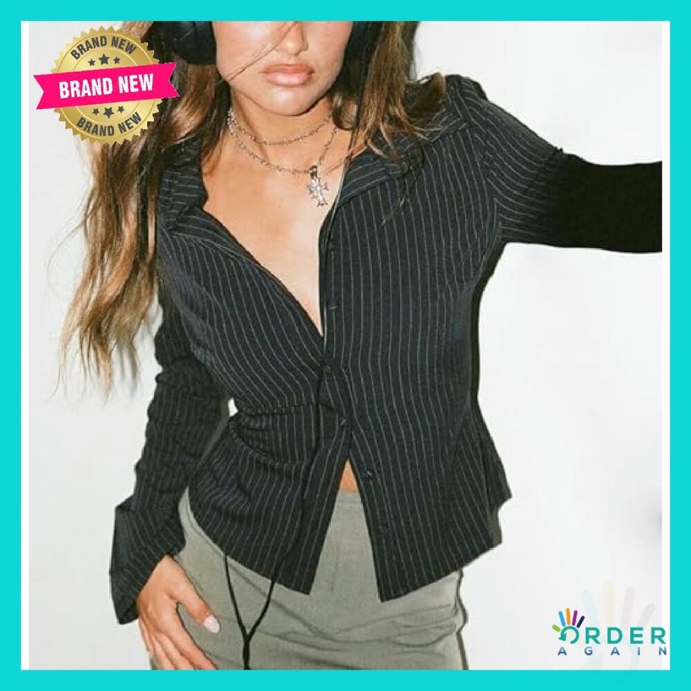 Striped Fitted Button Down Shirt Y2K Long Sleeve V Neck Collared Blouse Coquette - Picture 6 of 6